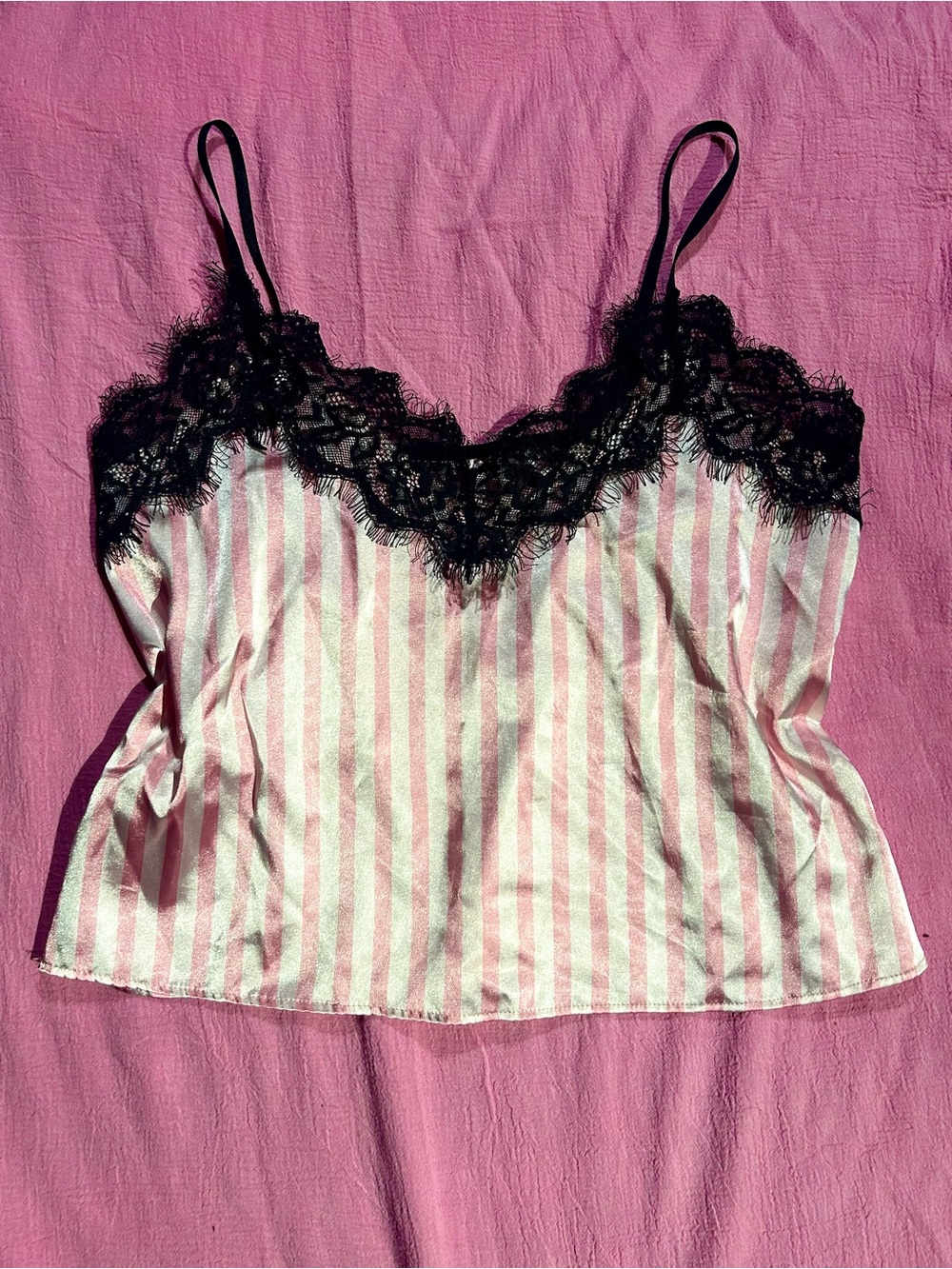 Satin Pink and White Striped Cropped Tank with Black Lace Trim